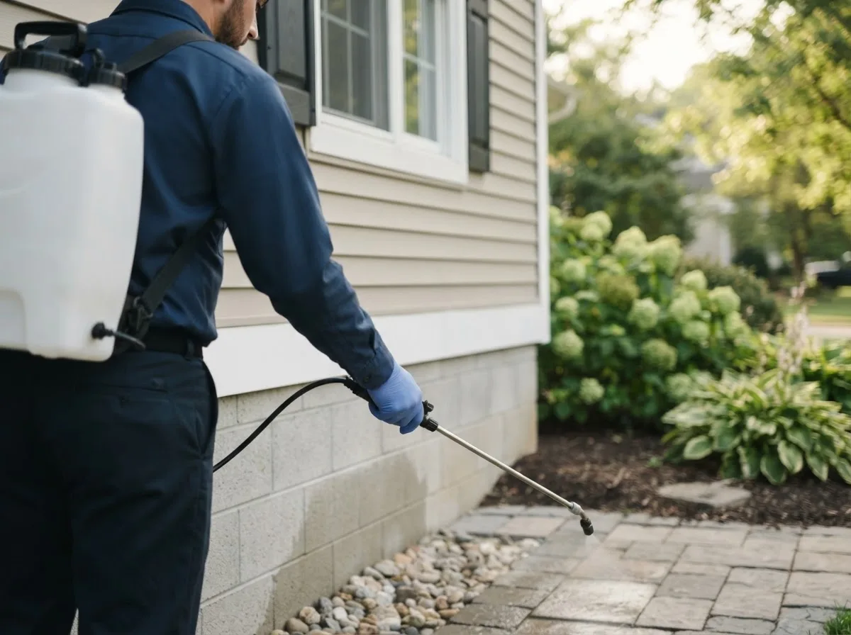 Pest control technician inspecting a home in Roosevelt, OK